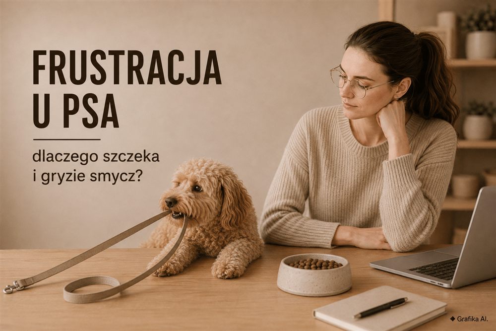 Opiekunka obserwuje psa gryzącego smycz — ilustracja frustracji u psa